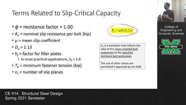 CE 414 Lecture 21: Slip-Critical Connections (2021.03.08) смотреть онлайн