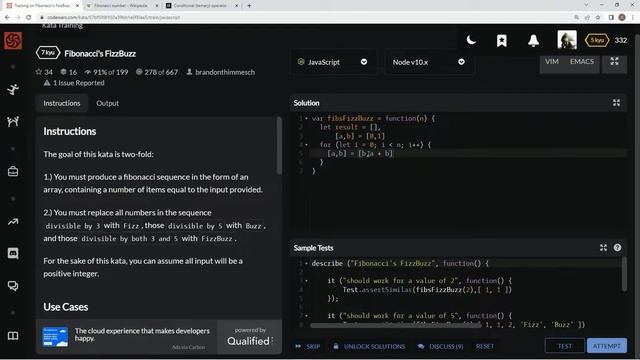 Codewars 7 kyu Fibonacci's FizzBuzz JavaScript смотреть онлайн