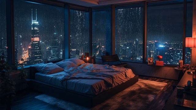 CITY RAIN AMBIENCE - RAIN AT NIGHT Background music for sleep study with soft thunder смотреть онлайн