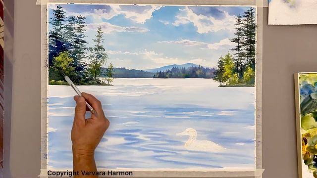 Cry of Loon at Kezar Lake, Watercolor painting by Maine artist Varvara Harmon. смотреть онлайн