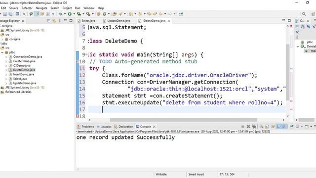 Delete record from database using static SQL in JDBC program | lec 10| Advanced Java| BhanuPriya смотреть онлайн