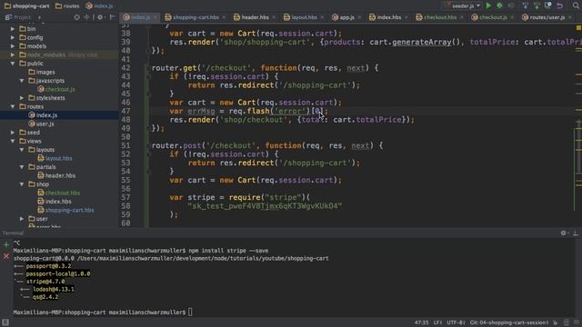 NodeJS / Express / MongoDB - Build a Shopping Cart - #16 Making Charges with Stripe смотреть онлайн
