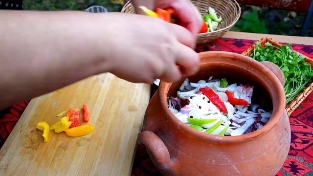 Azerbaijan Village Cooking, National Dish BUGLAMA, (Goat Meat) Outdoor Cooking
