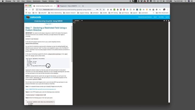 Learning GraphQL on Katacoda: Step 7 - Declaring a Restricted Field Using a Custom Directive смотреть онлайн