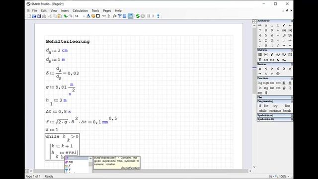 SMath Studio: Formel von Toricelli angewendet auf die Leerung eines Behälters (iterative Lösung) смотреть онлайн