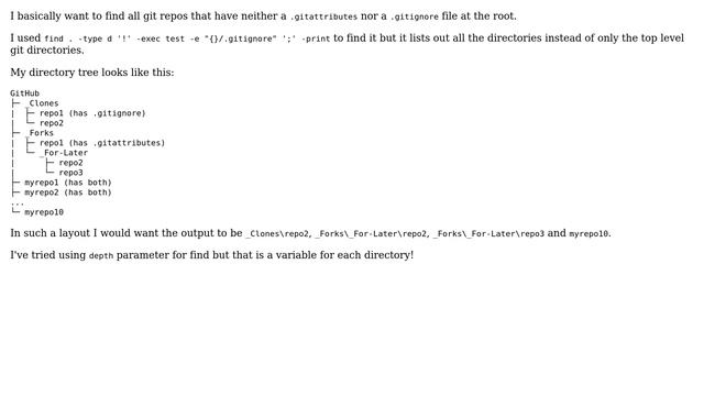Unix & Linux: Find all git repos that do not contain any one of .gitignore and .gitattributes смотреть онлайн