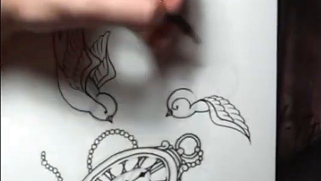 How to draw an old school Rose, Swallows and Pocket Watch tattoo style by thebrokenpuppet смотреть онлайн