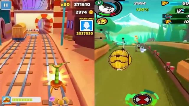✔ Subway Surfers & Ben 10 играем Мультик игра Собиратель монет Соревнования ✔ смотреть онлайн