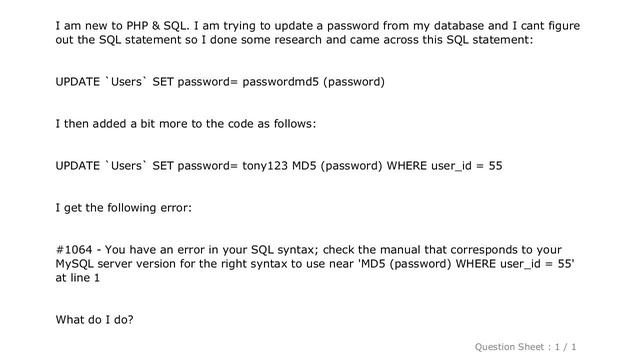MySQL : SQL Update of MD5 Passwords смотреть онлайн