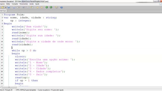 Aula 5 - Curso Básico Pascal (Criando Menu)