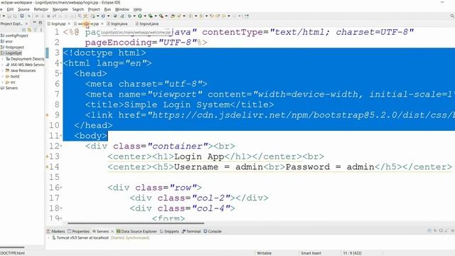 Simple login using JSP + Servlet + Bootstrap | Eclipse + Tomcat смотреть онлайн