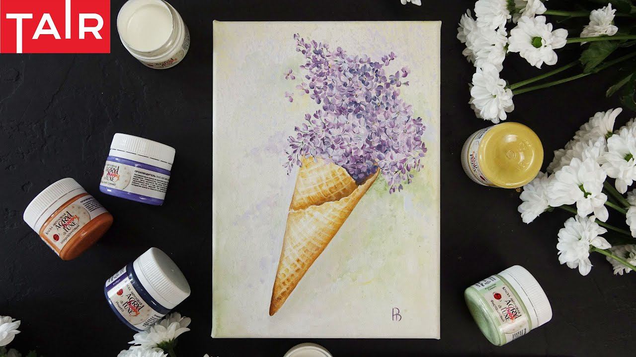 Весна уже пришла! Рисуем букет сирени в вафельном рожке. смотреть онлайн