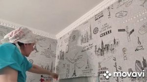 Поклейка обоев с подбором рисунка ,  над дверью