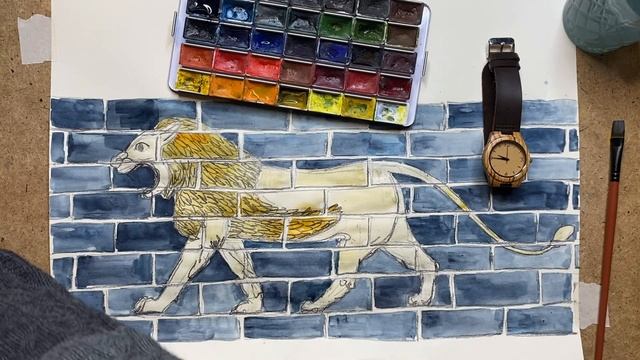 Лев на воротах Вавилона / последовательность рисования / карандаши и акварель смотреть онлайн