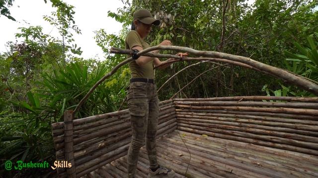 Overnight Bushcraft Shelter Camping -  Build Log Cabin And Plastic Wrap Shelter - Cooking Spaghetti