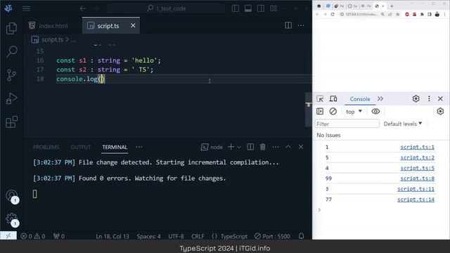 TypeScript: первая программа, компиляция ts в js, типы данных: number, string, boolean смотреть онлайн