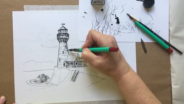 Маяк. Рисуем тушью и пером. смотреть онлайн