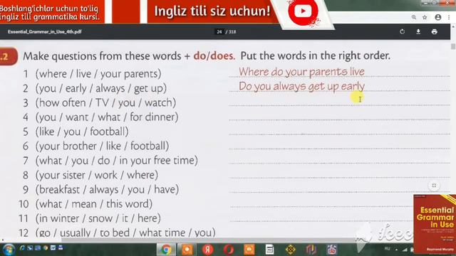 Raymond Murphy qizil kitobi.Ingliz tilini 0 dan o'rganish. Present simple tense(questions) exercise смотреть онлайн
