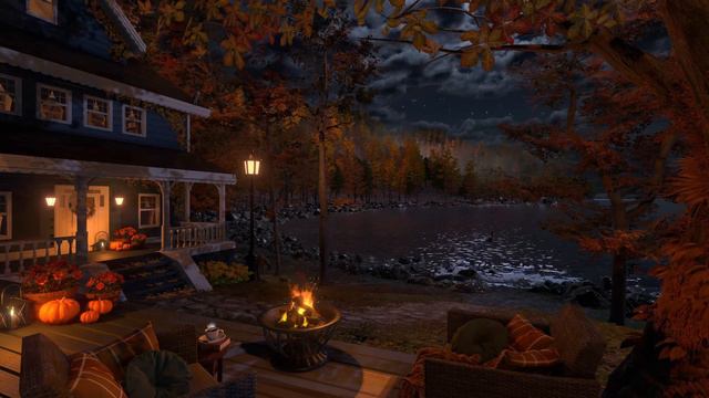 Autumn Lakeside Cottage | Night Ambience | Windchimes, Lakeshore, Firepit & Forest Nature Sounds
