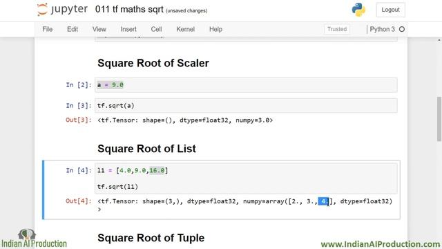 15 Get Square Root of Tensors using tf sqrt math function   TensorFlow 2 0 Python Tutorial   DL   M
