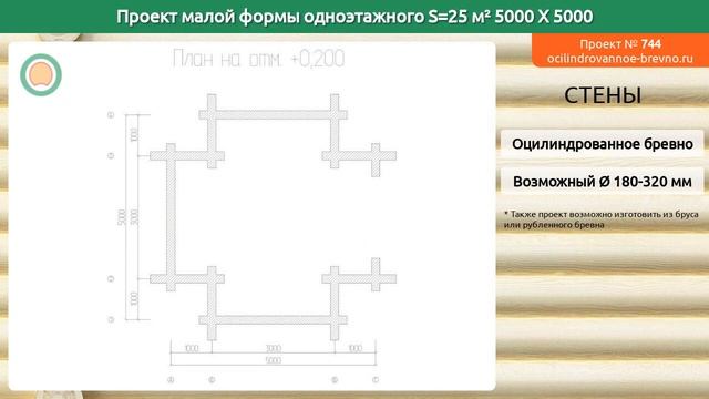 Проект малой формы № 744 в один этаж 25 м2 5 X 5 из оцилиндрованного бревна смотреть онлайн