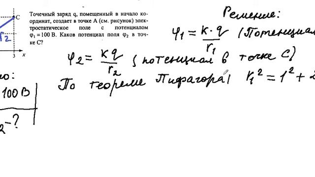 Задача : Точечный заряд q помещен в начало координат, создает в точке А поле с потенциалом 100 В. смотреть онлайн