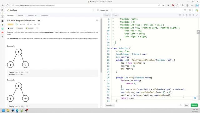 LeetCode 508. Most Frequent Subtree Sum | DFS | MAP | Debug | Java смотреть онлайн