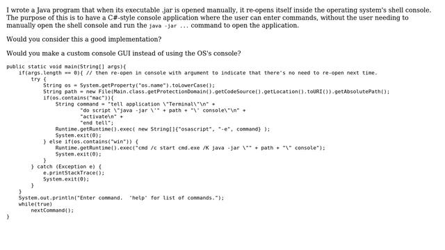 Code Review: Java program that relaunches itself in OS's terminal application смотреть онлайн