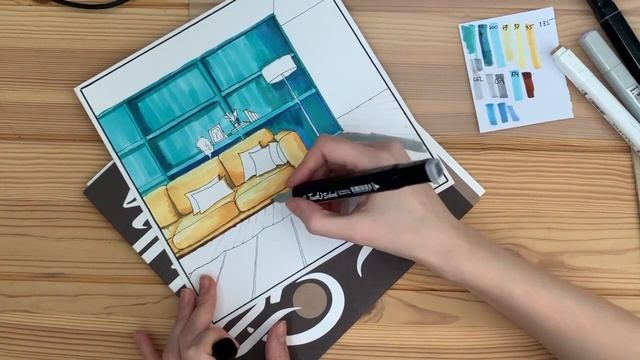 Мастер класс интерьерный скетч маркерами  - Желтый диван/Interior Sketch With Markers