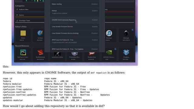 Unix & Linux: How do I add the extensions.gnome.org repository to dnf in Fedora 31? смотреть онлайн