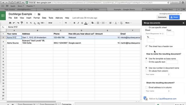 Merge a Google Spreadsheet with a Google Document, e-mail with a PDF attachment смотреть онлайн