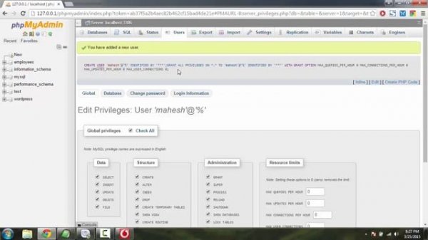 phpmyadmin Users and Privileges