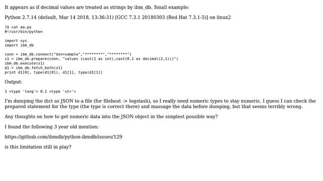 Databases: python ibm_db driver and decimal values? смотреть онлайн