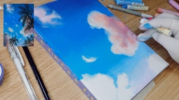oil pastel landscape, 오일파스텔 풍경화 캔버스에 그리기, 문교소프트오일파스텔로 야자수가 있는 풍경 그리기