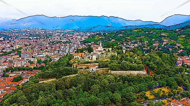 Color sketch in cartoon style. Brescia, Italy. Castello di Brescia. Flight over the city in cloudy смотреть онлайн