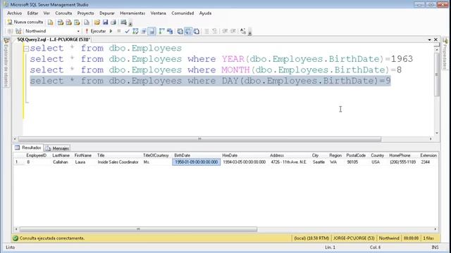Introducción al T-SQL, Fechas y uso de YEAR(), MONTH(), DAY() y ORDER BY - Video 5 смотреть онлайн