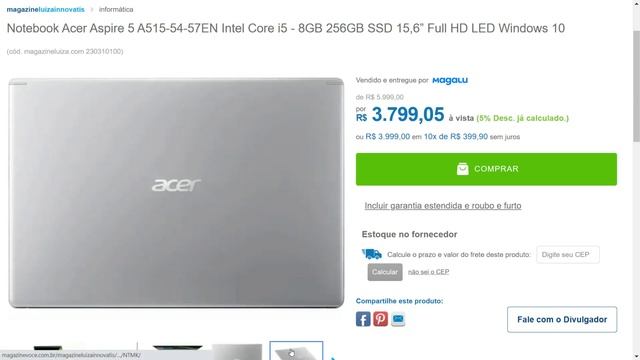 Notebook Acer Aspire 5 A515-54-57EN Intel Core i5 - 8GB 256GB SSD 15,6” Full HD LED Windows 10 смотреть онлайн