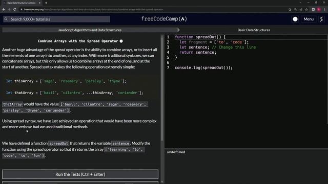 JavaScript Basic Data Structures: Combine Arrays with the Spread Operator | FreeCodeCamp смотреть онлайн