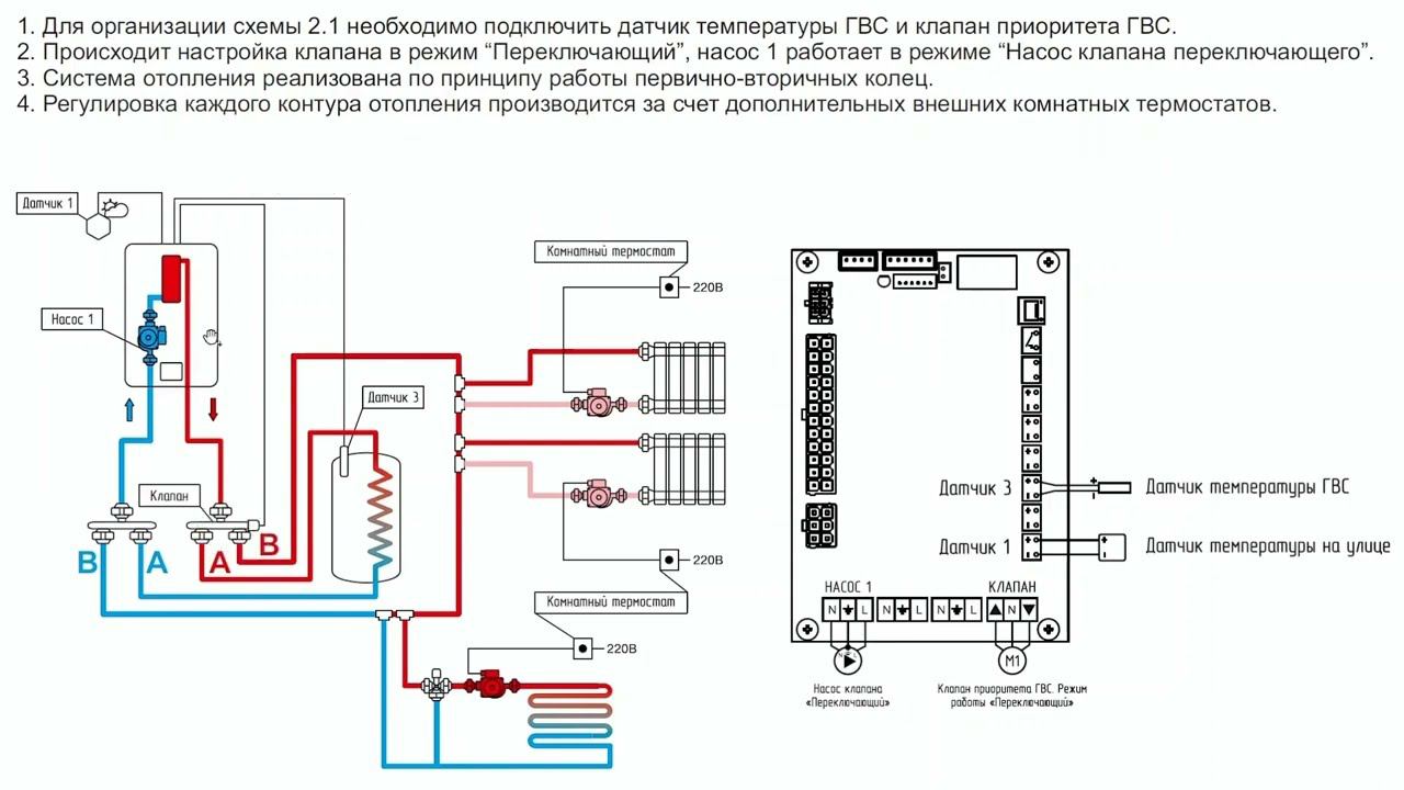 Гидравлическая схема отопления 2.1. Электрический котел и 3 контура: ГВС, радиаторы и теплые полы. смотреть онлайн