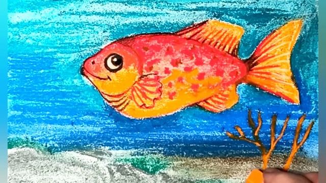 Ярко-красная рыбка - рисунок сухой пастелью. смотреть онлайн