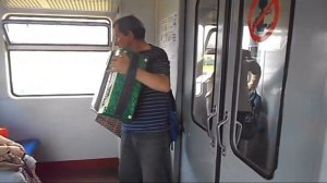 Душевно играет на баяне в электричке