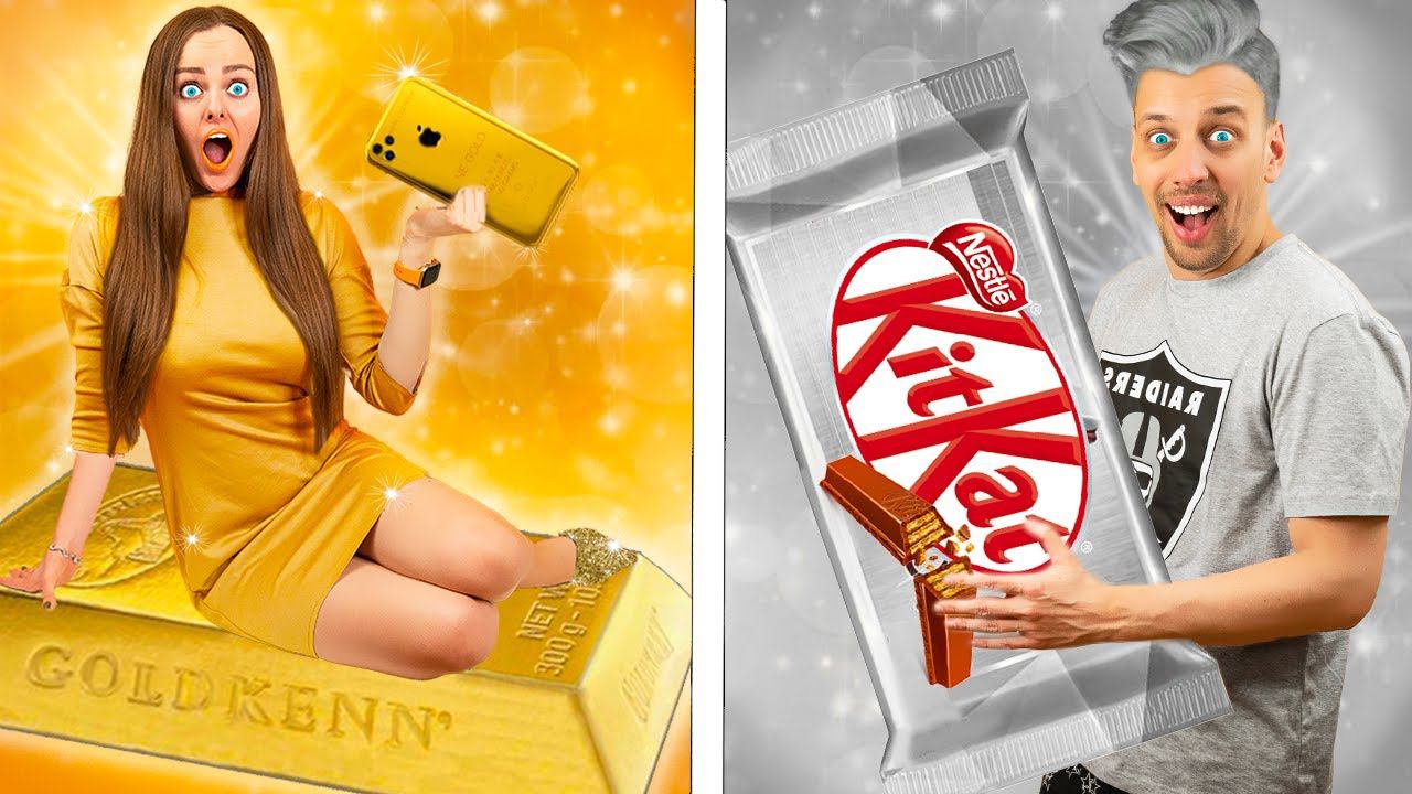 ЗОЛОТО - СЕРЕБРО ЧЕЛЛЕНДЖ! 24 часа кушаю , покупаю вещи и еду одного цвета! смотреть онлайн