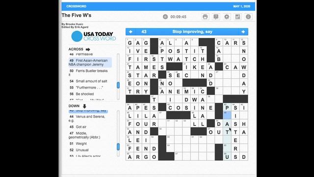 S02E122 USA Today Crossword "The Five W's" May 1, 2020 смотреть онлайн