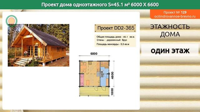 Проект дома № 129 в один этаж 45 м2 6 X 6.6 из оцилиндрованного бревна смотреть онлайн