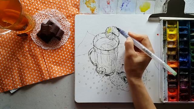 скетчинг рисуем чашку чая, лимон и шоколад смотреть онлайн