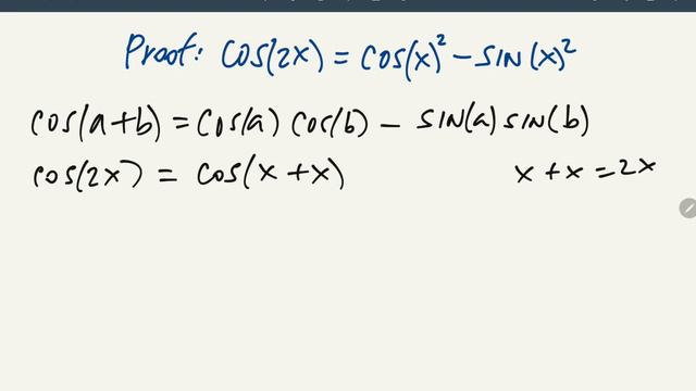 Proof  Cos(2x) = Cos(x)^2 - Sin(x)^2