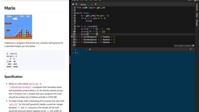 CS50 Mario More PYTHON Problem Set 6 (pset6) Walkthrough (Step by Step) смотреть онлайн