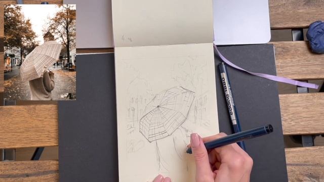 Как нарисовать девушку с зонтиком. Рисунок линером. Скетч. смотреть онлайн