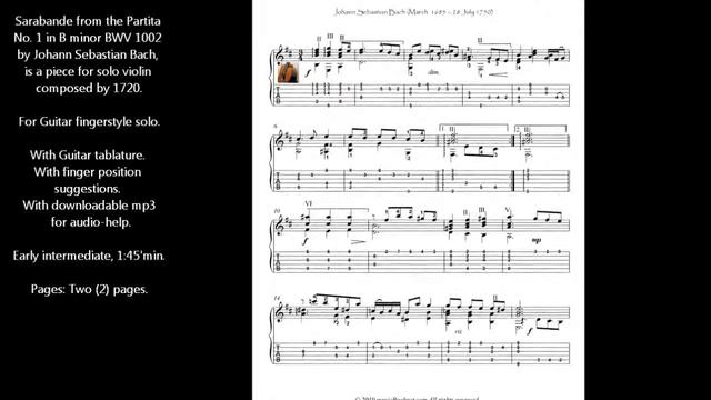 Bach for Guitar Sarabande BWV 1002 guitar score download смотреть онлайн