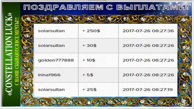 Выплаты "CONSTELLATION LUCК "26 .07. 2017 г Поздравляем партнеры !!! смотреть онлайн